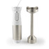 Silver and white handheld blender with detachable stainless steel blending arm