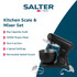 Salter kitchen scale and mixer set in black with attachments, showing key features.