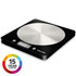 Black and silver digital kitchen scale with round metal platform, Salter branding, and 15 year guarantee badge.