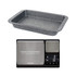 Rectangular grey speckled roasting tray and Salter kitchen scales with dual platforms