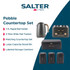 Pebble countertop set with grey kettle, four-slice toaster, bread bin, and three labelled canisters.