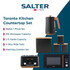 Banner: Salter Toronto Kitchen Countertop Set with black kettle, toaster, microwave, and canisters.