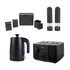 Set of black Salter kitchen appliances and storage: kettle, toaster, canisters, salt and pepper mills.