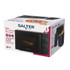 Black microwave oven with two control dials, front view