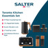 Banner: Salter Toronto Kitchen Essentials Set in matte black with acacia accents, includes kettle, toaster, storage and mills.