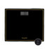 Black glass digital bathroom scale with gold trim, Salter branding, and battery shown