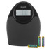 Black digital bathroom scale with large display, shown with three AAA batteries included.