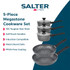 Banner showing Salter 5-piece Megastone cookware set with non-stick saucepans and frying pans.