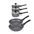 Set of three grey speckled saucepans with lids and two frying pans with black handles