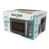 Salter Cosmos 20L digital microwave in silver packaging, shows product and energy-saving features