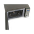 Grey microwave oven with open door, control panel and turntable visible