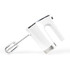 White handheld electric mixer with chrome detail and beater, side view