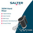 Black hand mixer retail packaging, shows whisk and dough hook attachments.