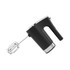 Black electric hand mixer with chrome whisk attachment, side view