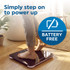 Promotional image: person stepping onto black bathroom scales, battery-free