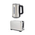 Stainless steel electric kettle and toaster set, shown side by side on white background