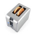 Silver 2-slice toaster with sesame bagels toasting, angled view
