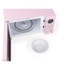 Pink microwave with open door and empty white bowl in front, angled top view
