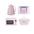 Salter pink kettle, toaster, microwave and slow cooker set shown on white background