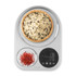 Silver digital kitchen scale with bowl of rice and saffron display, top view