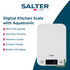 White digital kitchen scale with LCD display and Salter branding, shown angled on white background