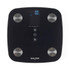 Black digital bathroom scale with Salter branding, top view, showing LCD display.