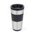 Black and silver insulated travel mug with lid, shown upright against white background