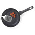 Black non-stick frying pan by Salter, shown with metal spatula and vine tomatoes inside.