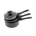 Set of three black saucepans with glass lid, non-stick, stackable design.