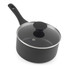 Black non-stick saucepan with glass lid and handle, shown at angle