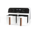Salter white dual basket air fryer with wood-effect handles, front view