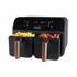 Black dual basket air fryer with digital display, shown cooking chips and chicken wings.