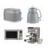 Set of four grey Salter kitchen appliances: toaster, kettle, microwave and coffee machine