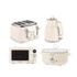 Set of cream kitchen appliances: four-slice toaster, kettle, microwave, and slow cooker