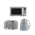 Set of grey Salter microwave, 4-slice toaster, and electric kettle on white background