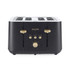 Four-slice black and gold toaster with reheat, defrost, and cancel buttons, front view