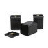 Set of three black storage tins with gold knobs, shown with lids off and on.
