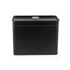 Black metal storage tin with gold knob lid, shown front view