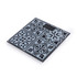 Glass bathroom scale with patterned grey and black tile design, shown angled on white background
