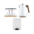 Set of Salter white toaster, kettle and digital kitchen scale with wood accents