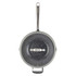 Black and silver speckled non-stick frying pan with glass lid, overhead view