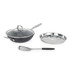 Non-stick black speckled wok with glass lid, metal steamer insert, and slotted spatula