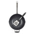 Black speckled non-stick wok with metal handle, shown with spatula inside, top-down view