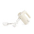 Cream handheld electric mixer with beater and dough hook attachments, angled side view.
