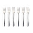Set of six stainless steel dessert forks with silver finish, shown on white background