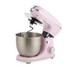 Pink stand mixer with stainless steel bowl, dough hook attached, for home baking