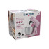 Box for Salter retro stand mixer in pink with mixing attachments shown