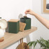 Green metal storage tin with wooden lid, front view