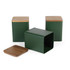 Set of three green metal storage canisters with wooden lids, one shown open