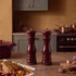 Set of two red Salter salt and pepper mills on wooden kitchen counter with herbs and bread